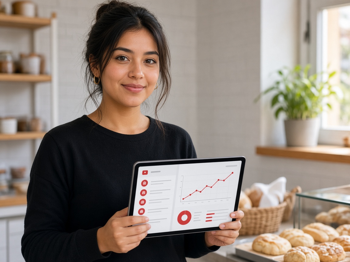 Emprendedora ecuatoriana revisando sus ventas y facturas electrónicas en una tablet
