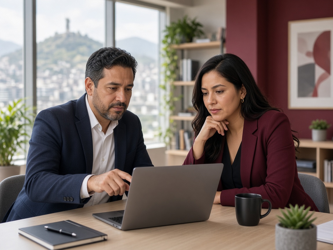 Dos socios revisando los planes de EXA ATI en una laptop